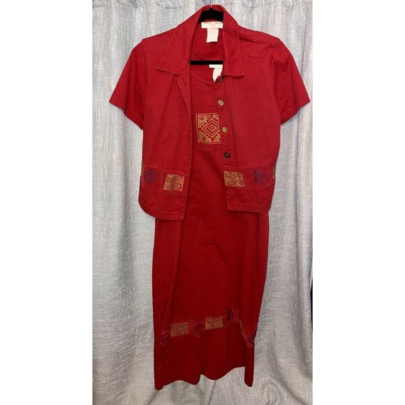 VINTAGE Sweet Jessie Dress Women M RED Maxi Linen Blend Art to Wear Boho Jumper - Picture 7 of 11